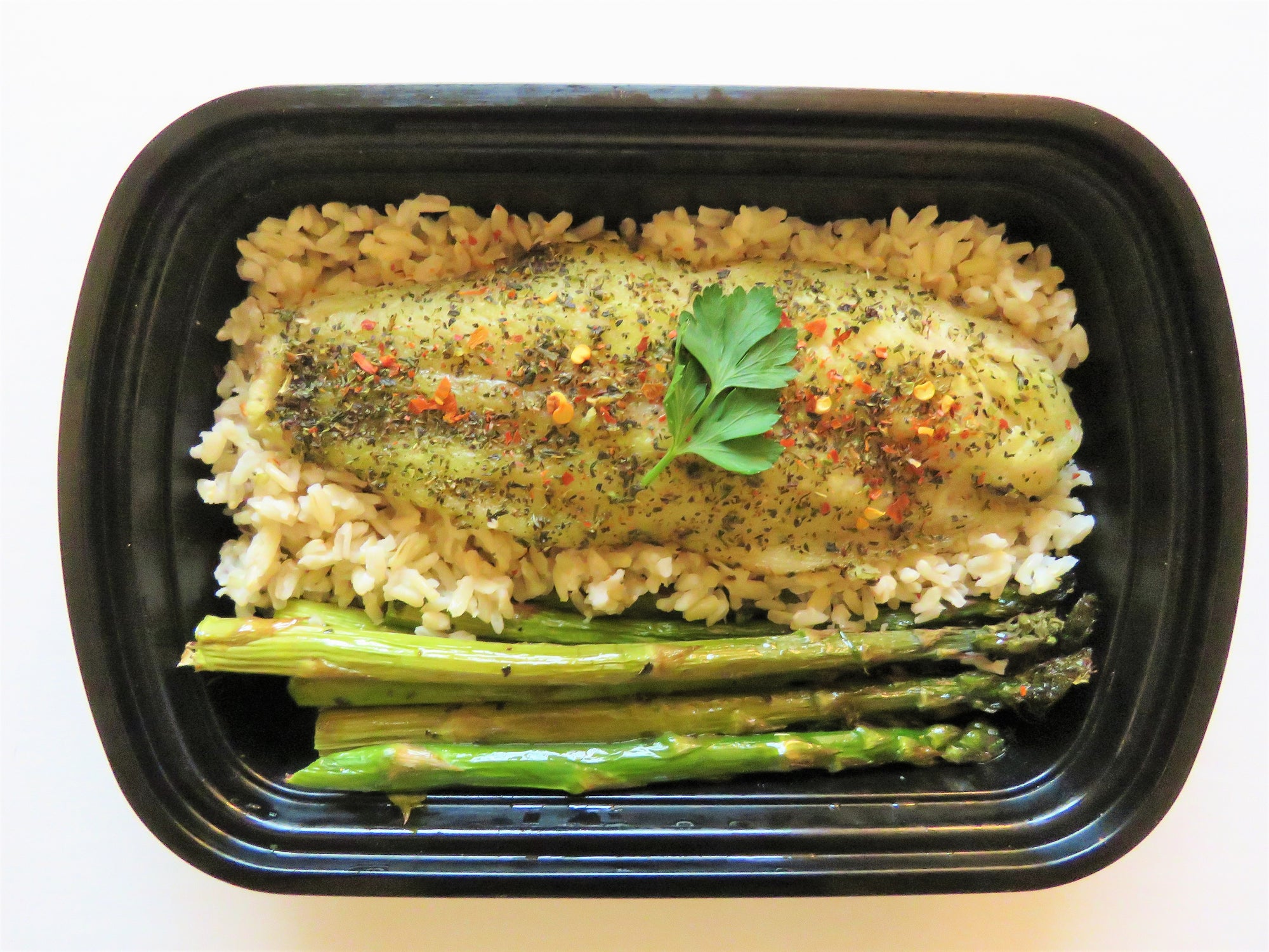 Oven Baked Basa Fillet with Brown Rice and Asparagus - GreenMeal Inc.